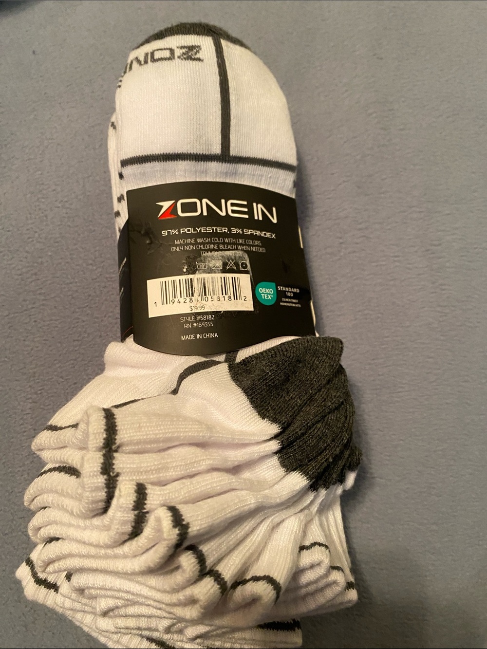 Zone-In Men’s White Ankle Socks with Gray Accents - 6 Pack